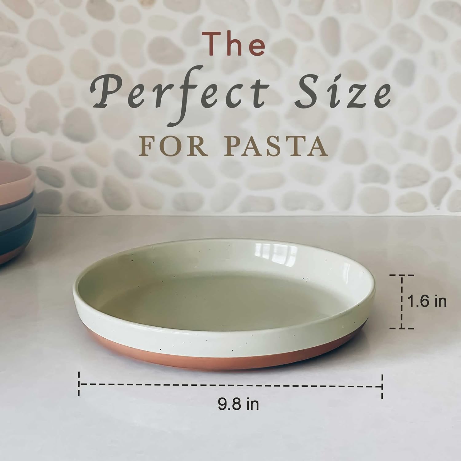 MORA Ceramic Flat Pasta Bowl Set of 4-35oz  Microwave Safe Plate with High Edge - Modern Porcelain Dinnerware for Kitchen and Eating  Large Wide Bowls/Plates for Serving Dinner  Salad  etc- Neutrals
