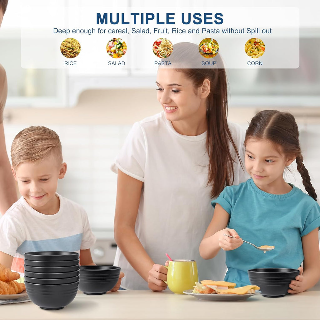 HOTEC BPA Free Unbreakable Wheat Straw Cereal Bowls - Microwave & Dishwasher Safe Soup and Salad Bowls  Set of 8  26oz  Black