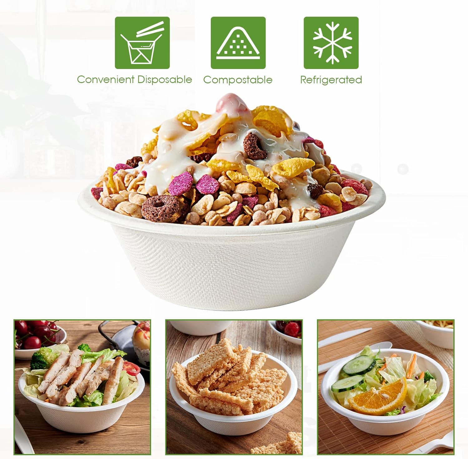 Vplus 200 Pack 12 OZ Paper Bowls  Disposable Compostable Bowls Bulk  Eco-friendly Bagasse Bowls  Heavy-duty Bowls Perfect for Milk Cereals  Snacks  Salads