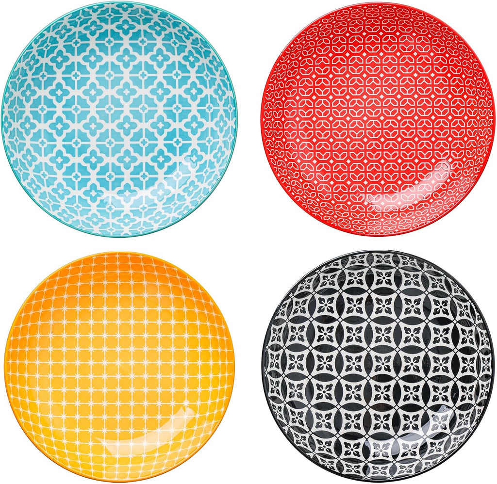 DOWAN 8.5" Vibrant Pasta  Salad & Soup Serving Bowls Set of 4  Embossed Large Porcelain Ceramic  Microwave  Oven & Dishwasher Safe  Bonita Design Perfect for Daily Dining  Family Gatherings  Party